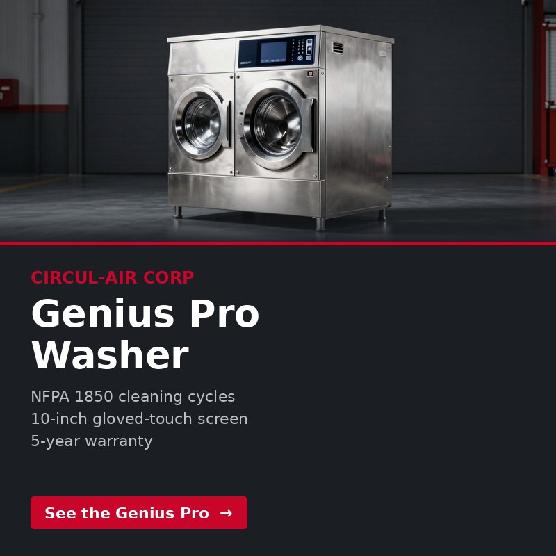 Circul-Air Genius Pro Washer, a stainless steel washer-extractor for firefighter turnout gear.