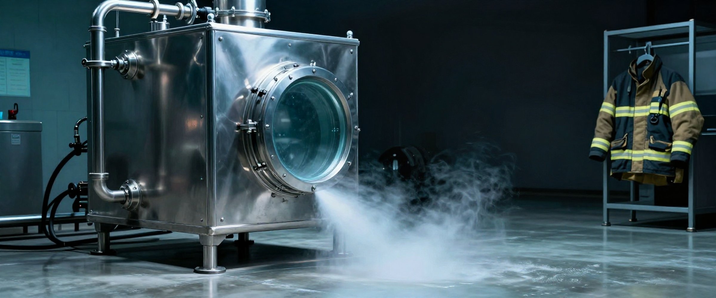 A stainless steel pressure vessel venting cold vapor across a station floor, a turnout coat on a rack alongside.