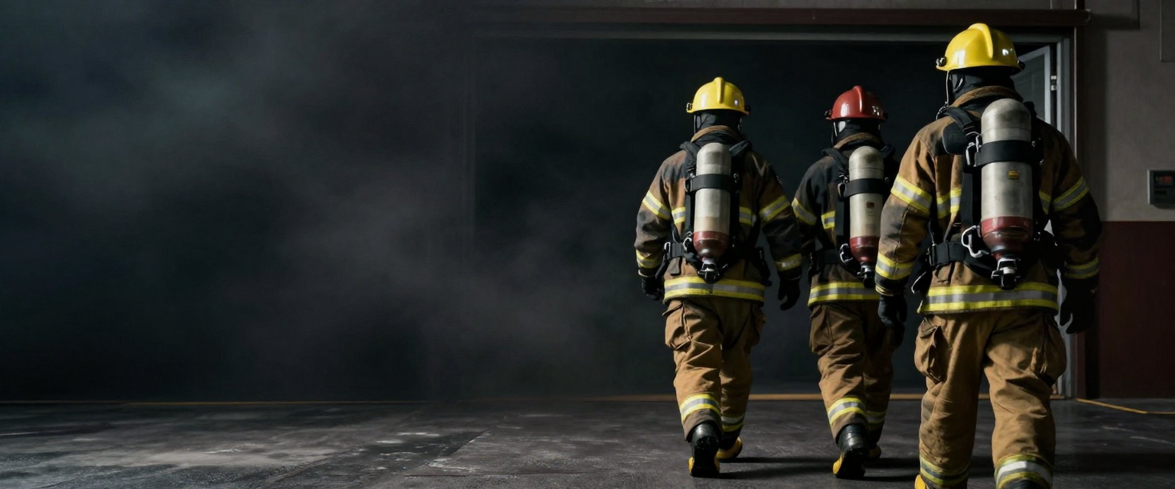 Three firefighters in full turnout gear and SCBA walking into a smoke-filled apparatus bay.