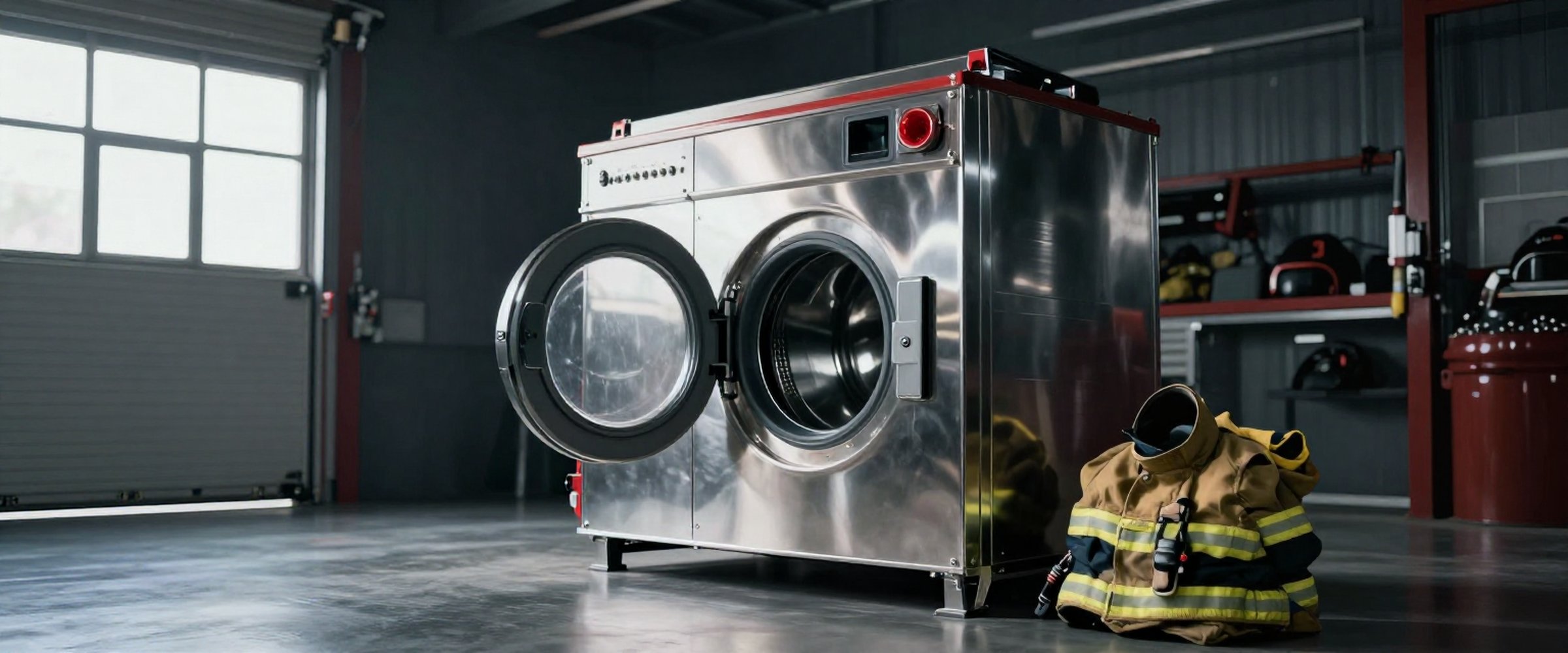 A stainless steel washer-extractor standing open in a fire station bay, with turnout gear beside it.
