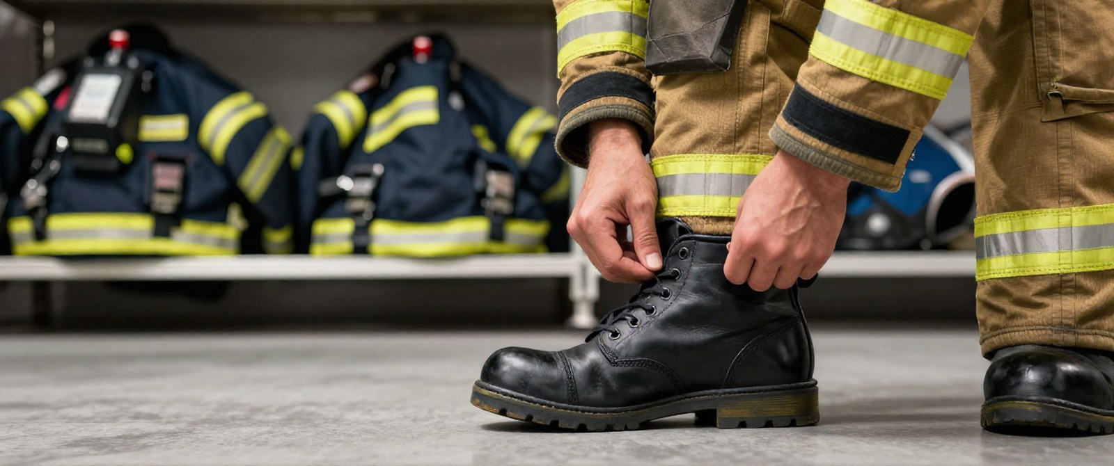 A firefighter lacing a black structural boot with clean turnout coats on a rack behind