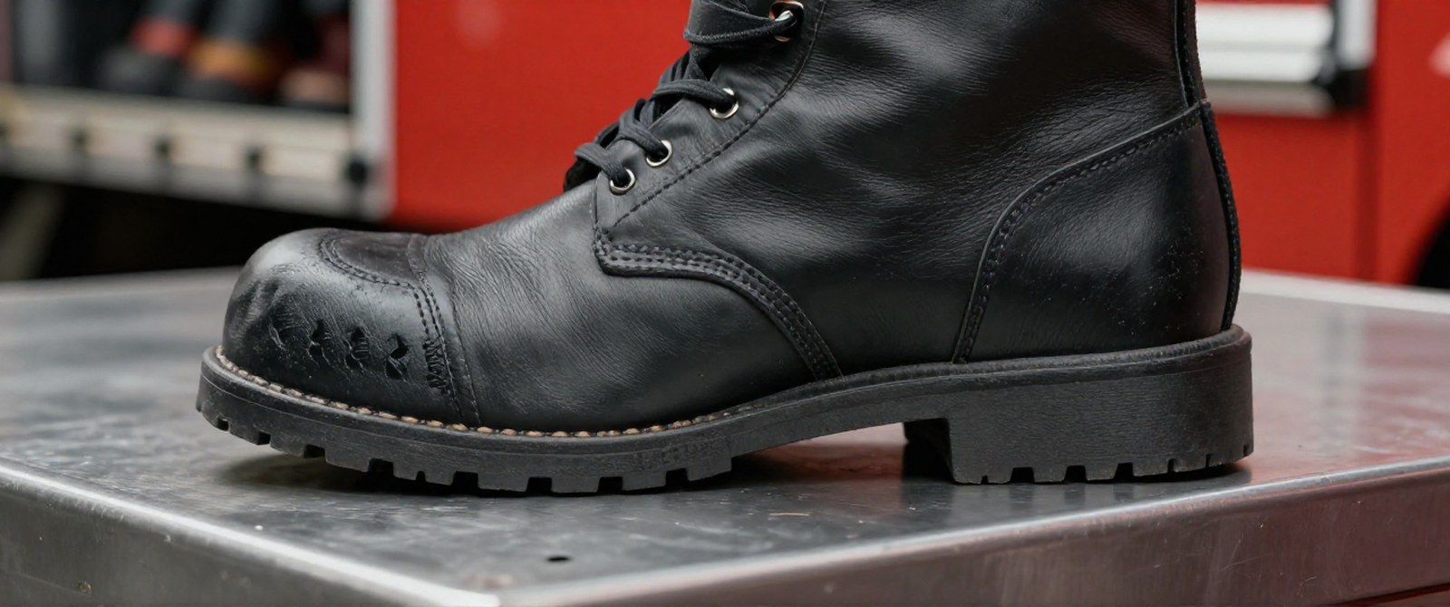 Side view of a black leather structural firefighting boot showing the lug sole, stitched welt and reinforced toe