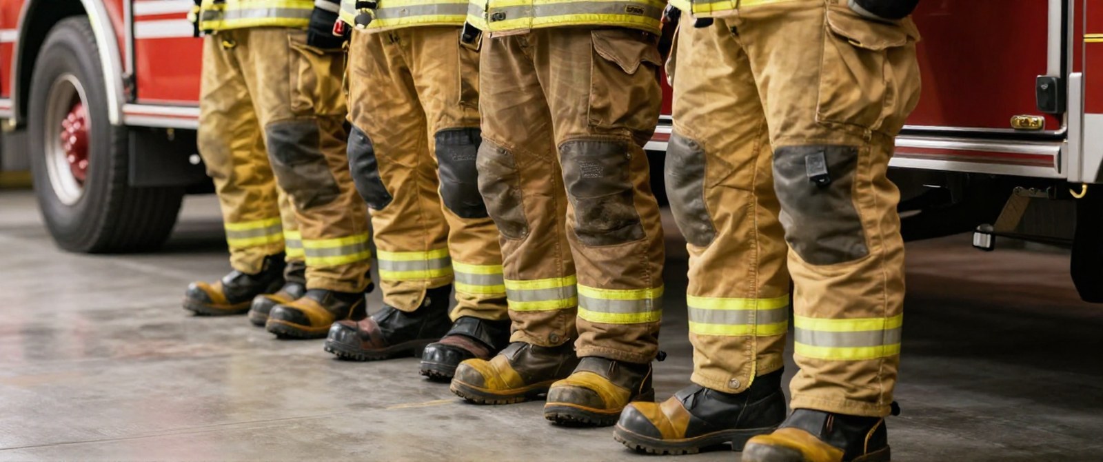 A row of turnout pants dropped over boots ready beside a fire engine