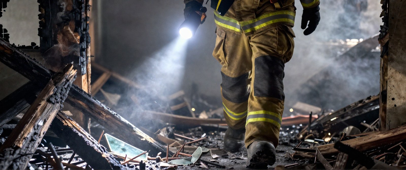 A firefighter walking through burned debris, broken glass and nails during overhaul