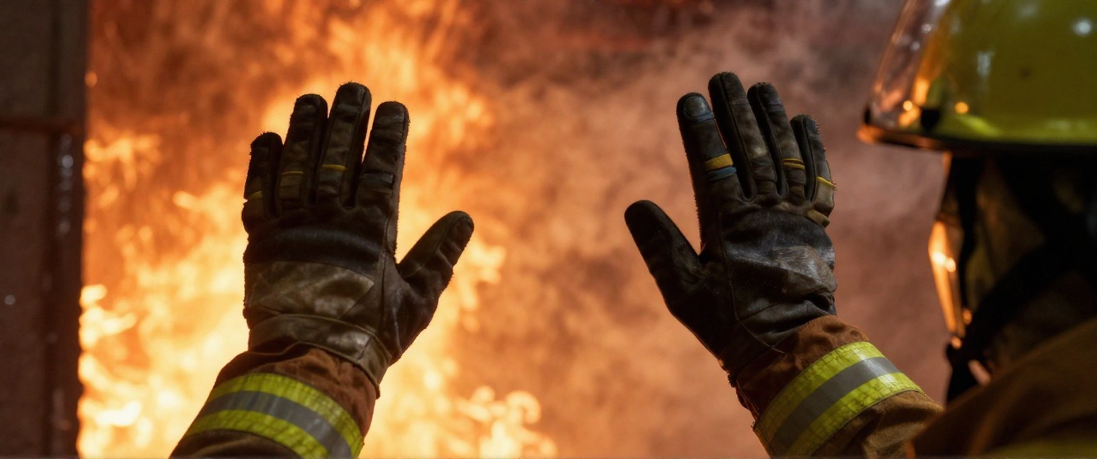 A firefighter holding gloved hands up against radiant heat, backs of the hands toward the fire