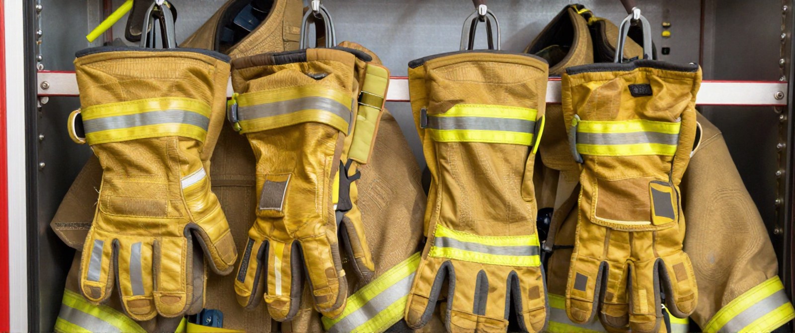 Clean structural firefighting gloves hanging to dry on a rack beside turnout coats