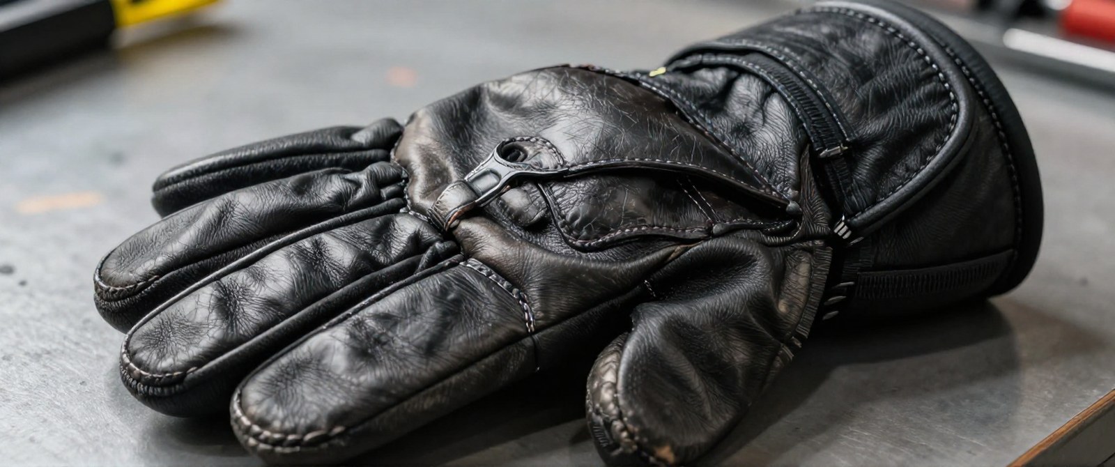 A black leather structural firefighting glove on a workbench showing the cuff, wristlet and stitched seams