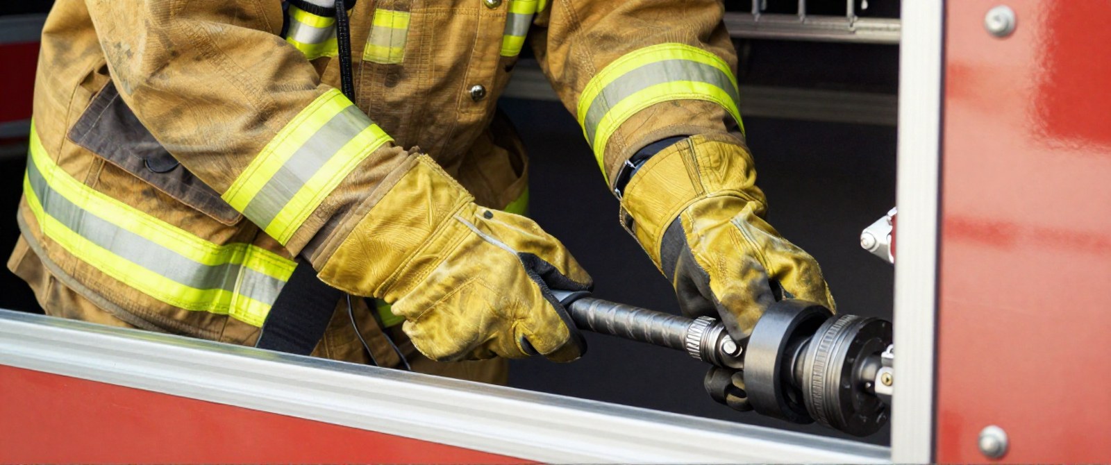 A firefighter operating a coupling with gloved hands on the apparatus floor