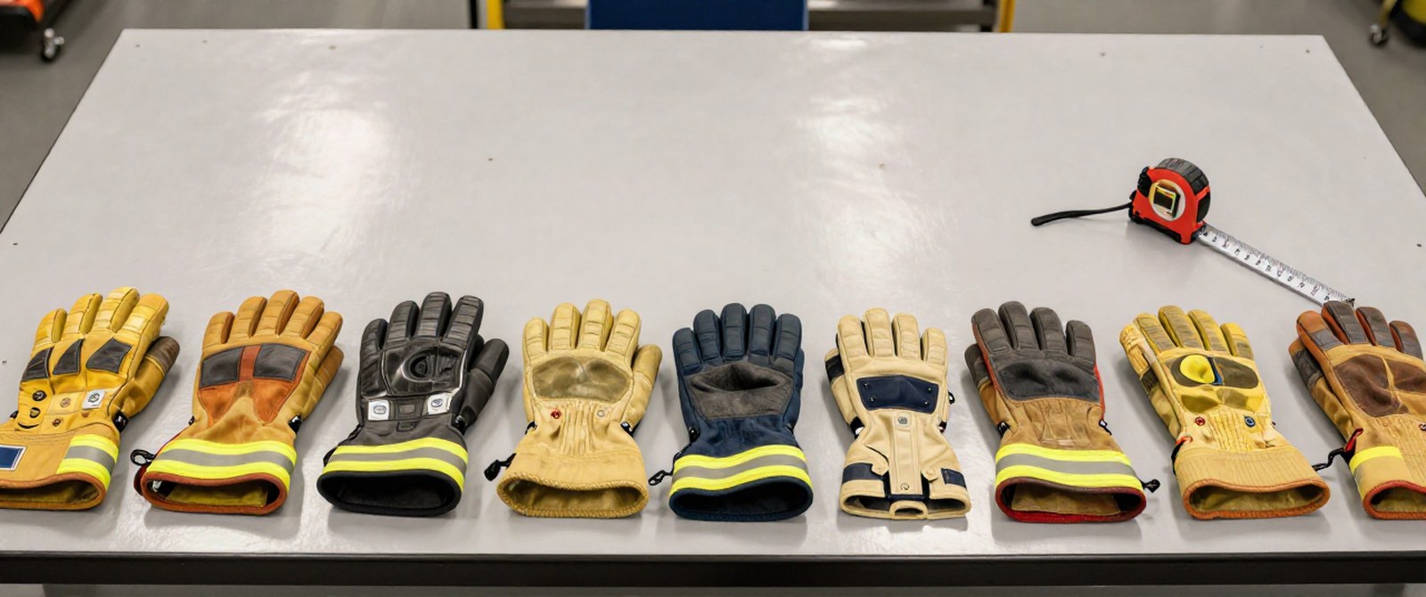 A row of structural firefighting gloves in different sizes laid out on a table with a tape measure